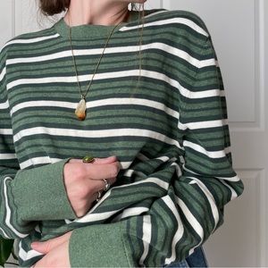 Vintage Style Gap Sweater Striped Cozy Cotten Stretch Baggy Boho Green White